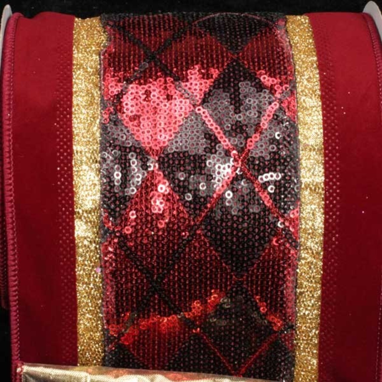 The Ribbon People Burgundy Red and Gold Sparkling Argyle Wired Craft Ribbon 6" x 10 Yards